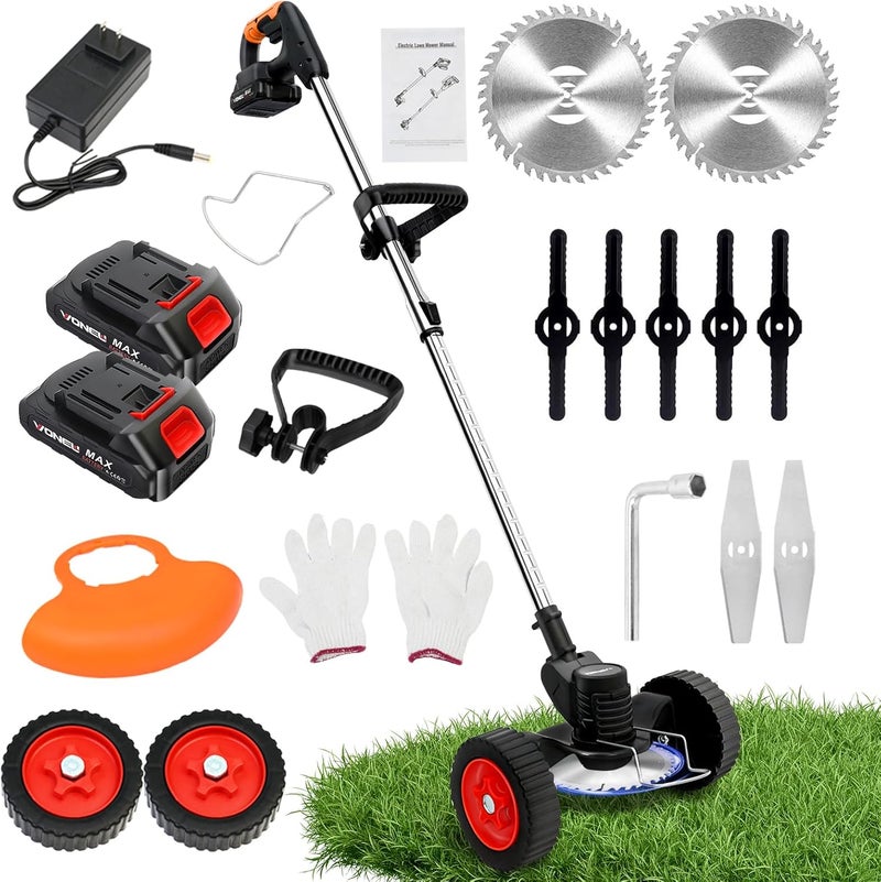 ALSO GO 21V Electric Weed Eater with Wheels,Cordless Battery Weed Wacker with Charger, 3 in 1 Brush Cutter/String Trimmer/Grass Trimmer/Lawn Mower,Edger for Garden and Yard Lawn,2 Batteries Include - Image 1